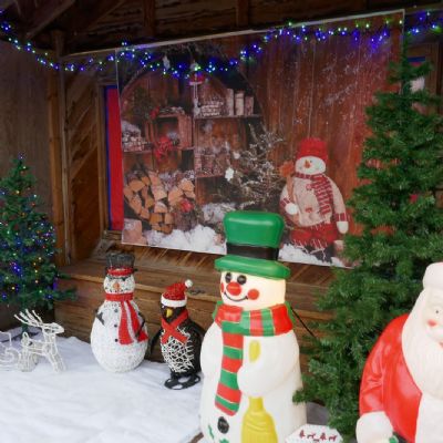 Playground Christmas display of trees and ornaments.