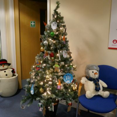 A Christmas tree and ornaments.